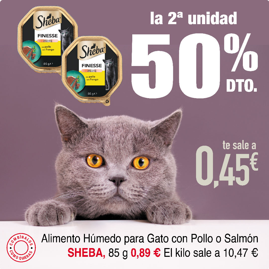 Alimento h&uacute;medo para gato con Pollo o Salm&oacute;n SHEBA la 2&ordf; unidad al 50% DTO