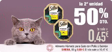 Alimento h&uacute;medo para gato con Pollo o Salm&oacute;n SHEBA la 2&ordf; unidad al 50% DTO