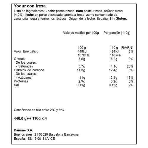 Yogur griego con fresa DANONE 4x110g image number