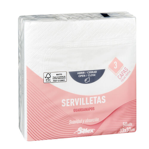 SERVILLETA PAPEL SELEX BLANCA 33x33 3 CAPAS PAQUETE 50 uds image number