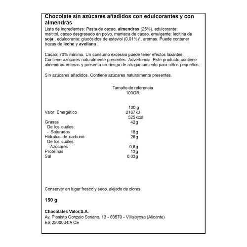 CHOCOLATE 70% CACAO CON ALMENDRAS 0% AZUCARES AÑADIDOS VALOR 150g image number