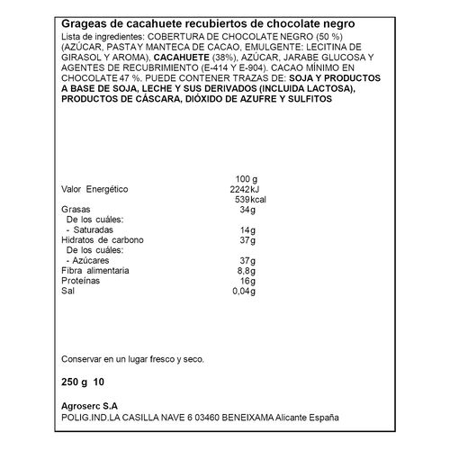 CACAHUETES BAÑADOS DE CHOCOLATE NEGRO ALTEZA 250g image number