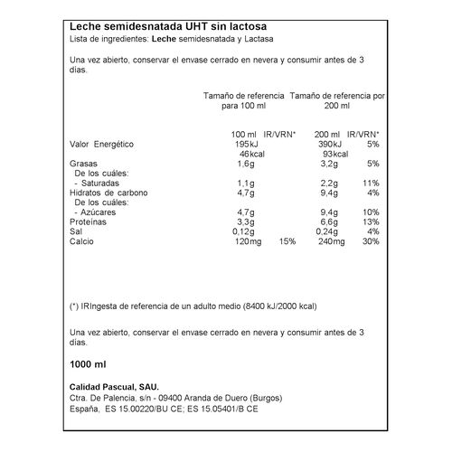 LECHE PASCUAL SIN LACTOSA SEMIDESNATADA 1L image number