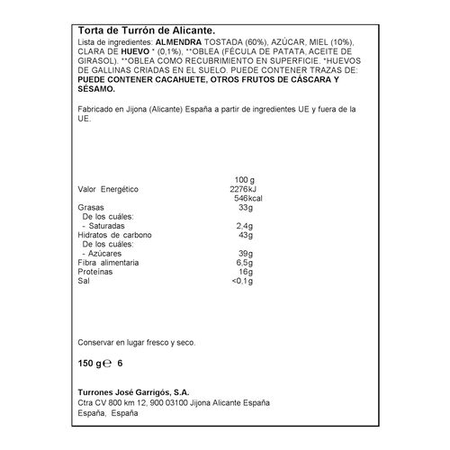 Torta de turrón de alicante Calidad Suprema ALTEZA 150g image number