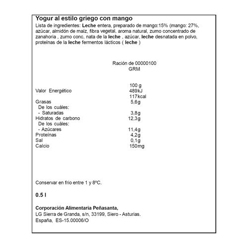 YOGUR GRIEGO CON MANGO CENTRAL LECHERA ASTURIANA 4X125g image number