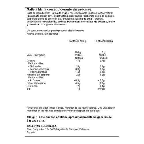 GALLETA MARIA ZERO SIN AZUCARES GULLON 400g image number