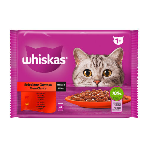 Comida h&uacute;meda para gato adulto selecci&oacute;n de carne con buey y pollo WHISKAS 4x85g image number
