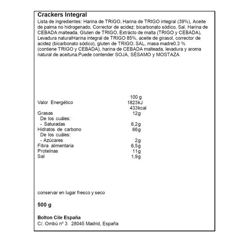 CRACKERS DE HARINA INTEGRAL DE TRIGO 85% PRIMA 500g image number
