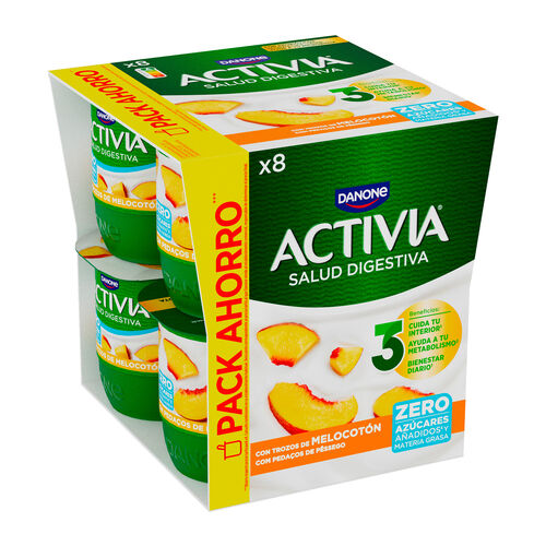 YOGUR ZERO AZÚCARES CON TROZOS DE MELOCOTÓN ACTIVIA DANONE 8x120g image number