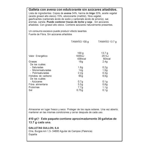 GALLETA DIGESTIVE AVENA ZERO GULLON 410g image number