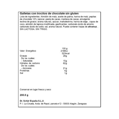 GALLETAS CHOCO CHIPS COOKIES SIN GLUTEN SCHAR 200g image number