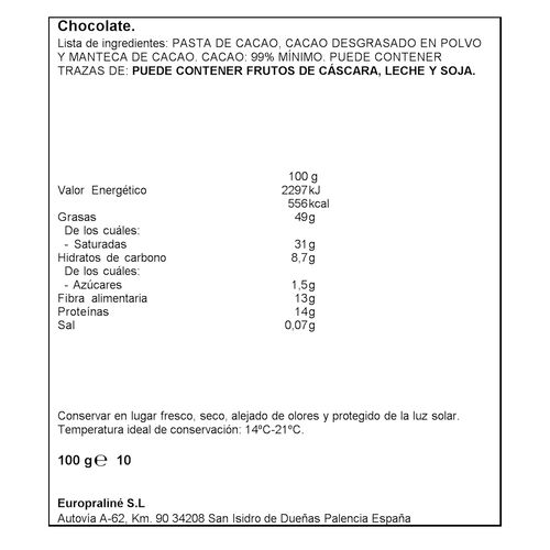 Chocolate negro 99% cacao ALTEZA 100g image number