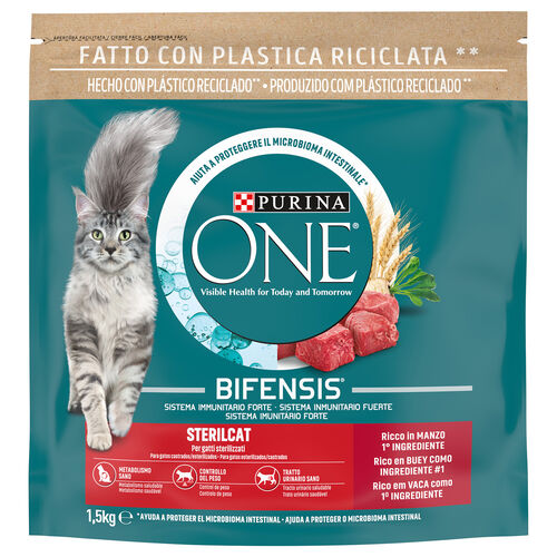 Comida seca para gatos esterilizados con buey y trigo ONE 1,5kg image number