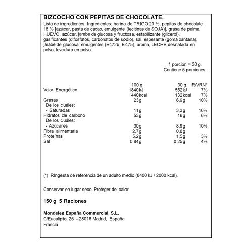 BIZCOCHO CON PEPITAS DE CHOCOLATE FONTANEDA 150g image number