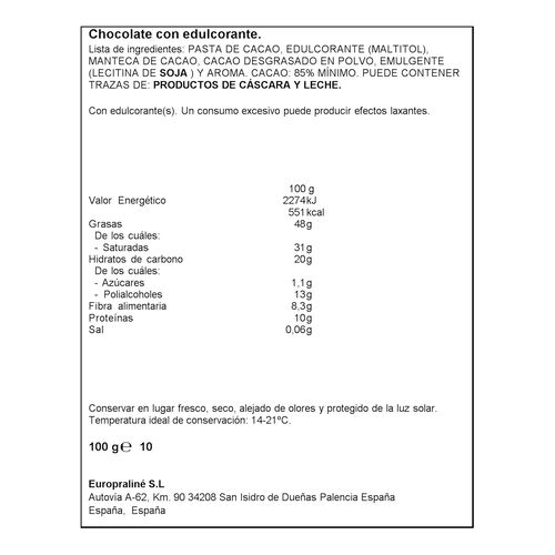 Chocolate 85% negro sin az&uacute;car ALTEZA 100g image number