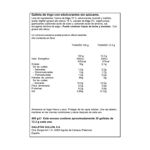 GALLETAS DIGESTIVE ZERO GULLON 400g image number