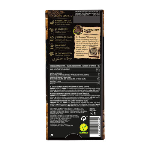 CHOCOLATE 70% CACAO CON ALMENDRAS 0% AZUCARES AÑADIDOS VALOR 150g image number