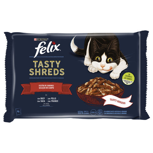 ALIMENTO PARA GATO FELIX TASTE SHREDS CON CARNE 4X80g image number