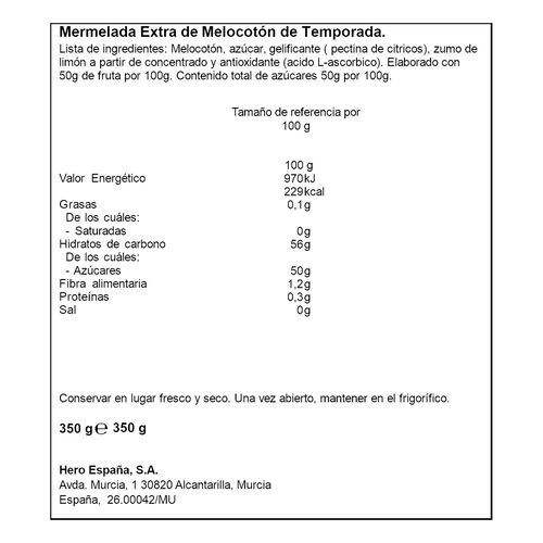 MERMELADA EXTRA DE MELOCOTON DE TEMPORADA HERO 350g image number