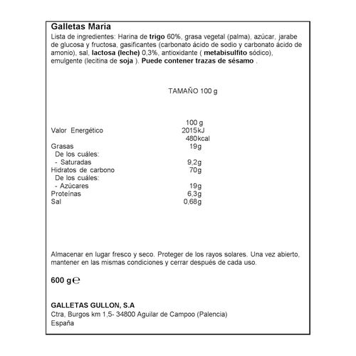 GALLETA MARÍA DORADA GULLÓN 600g image number