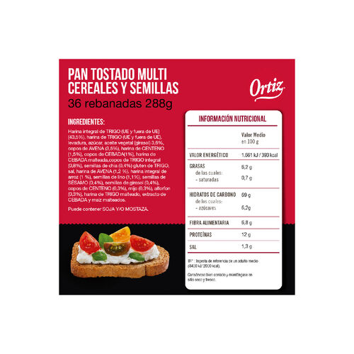 Pan tostado cerales y semillas ORTIZ 36 rebanadas 320g image number