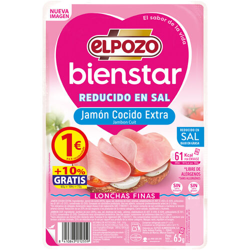 JAMON COCIDO EXTRA REDUCIDO EN SAL BIENSTAR EL POZO 65g image number