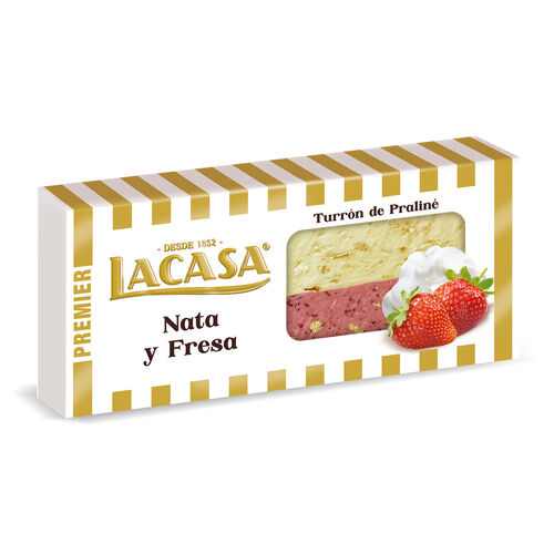 Turr&oacute;n de pralin&eacute; sabor nata y fresa LACASA 250g image number