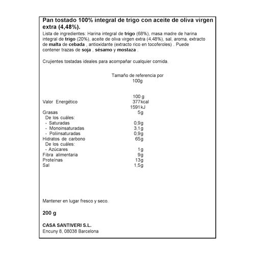 PAN TOSTADO INTEGRAL CON ACEITE DE OLIVA VIRGEN EXTRA SANTIVERI 200g image number