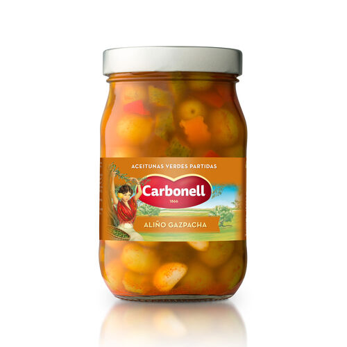ACEITUNAS VERDES PARTIDAS ALIÑO GAZPACHA CARBONELL 450g image number