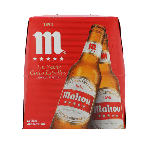 CERVEZA MAHOU 5 ESTRELLAS 25cl PACK 6 BOTELLINES image number