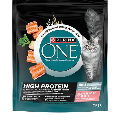 Pienso para gato rico en salm&oacute;n High Protein ONE PURINA 900g image number