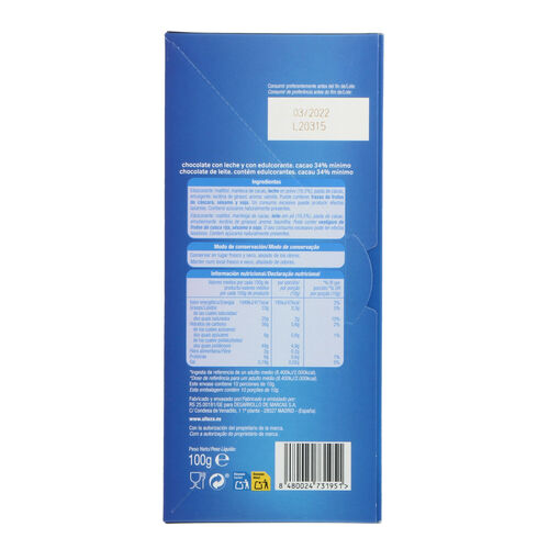 Choco leche sin az&uacute;car ALTEZA 100g image number