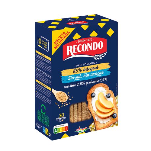 PAN TOSTADO 85% INTEGRAL SIN SAL Y SIN AZUCAR RECONDO 270g image number