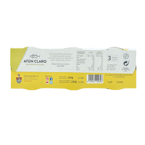 ATUN CLARO EN ACEITE DE OLIVA ALBO 3X92g image number