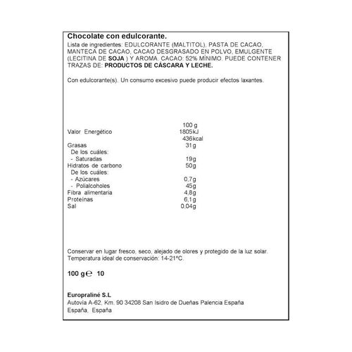 Chocolate negro ALTEZA 0% az&uacute;carares a&ntilde;adidos 100g image number