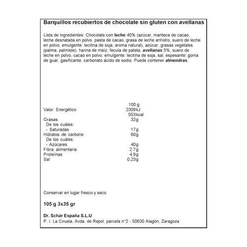 Snack de chocolate con leche sin gluten SCHAR 105g image number