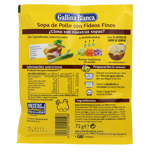 SOPA DE POLLO CON FIDEOS FINOS GALLINA BLANCA 71g image number