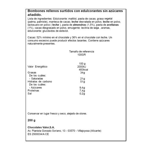 Bombon 0% az&uacute;car chocolat&iacute;ssimo VALOR 200g image number