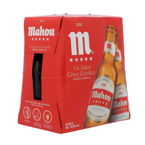 CERVEZA MAHOU 5 ESTRELLAS 25cl PACK 6 BOTELLINES image number