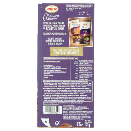 CHOCOLATE VALOR LECHE ALMENDRA SIN AZUCAR 150g image number