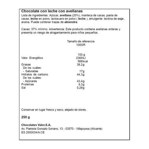 CHOCOLATE CON LECHE Y AVELLANAS VALOR 250g image number