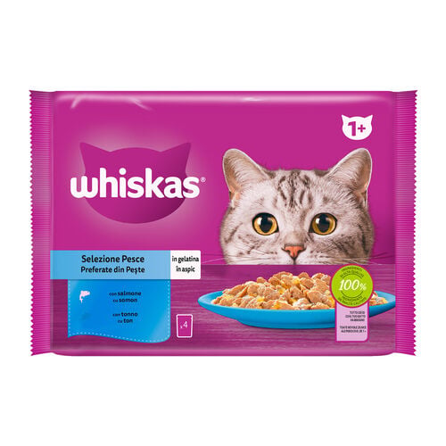 Comida h&uacute;meda para gato adulto selecci&oacute;n de pescado con salm&oacute;n WHISKAS 4x85g image number