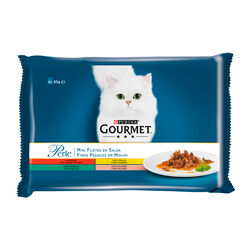 Comida h&uacute;meda para gato adulto Mini filetes en salsa con buey, pollo, CONEJO y salm&oacute;n GOURMET 4x85g