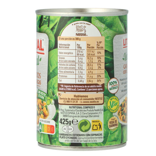 GARBANZOS CON ESPINACAS LITORAL 425g image number