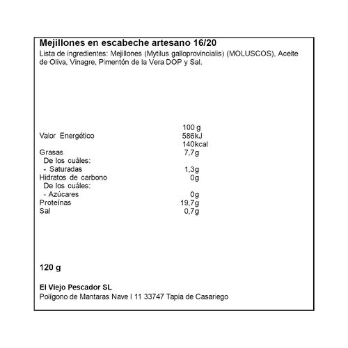 Mejillón en escabeche artesano 16/20 piezas EL VIEJO PESCADOR 120g image number