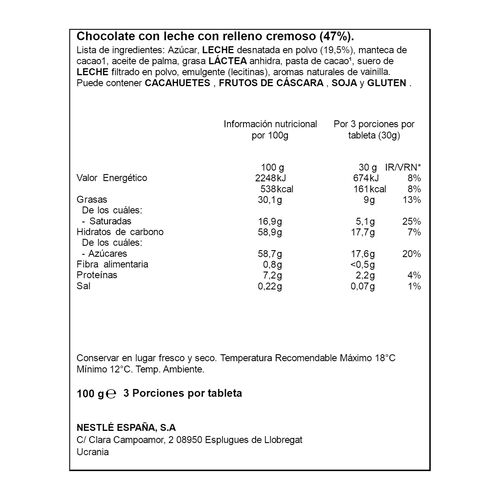 CHOCOLATE CON RELLENO CREMOSO NESTLE 100g image number