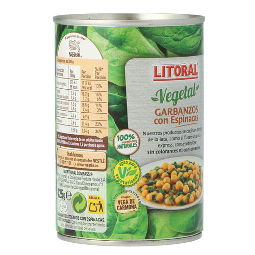 GARBANZOS CON ESPINACAS LITORAL 425g image number