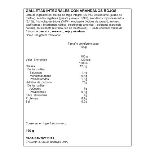 GALLETA INTEGRAL CON ARANDANOS 0% AZUCARES AÑADIDOS SANTIVERI 200g image number