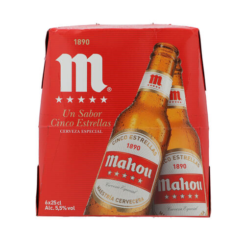 CERVEZA MAHOU 5 ESTRELLAS 25cl PACK 6 BOTELLINES image number