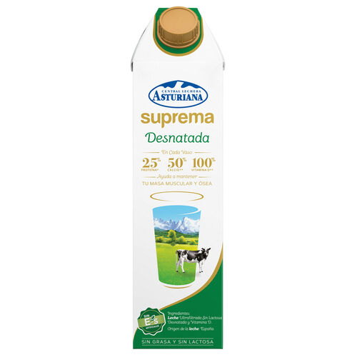 LECHE DESNATADA SIN LACTOSA 0% GRASA SUPREMA CENTRAL LECHERA ASTURIANA 1L image number